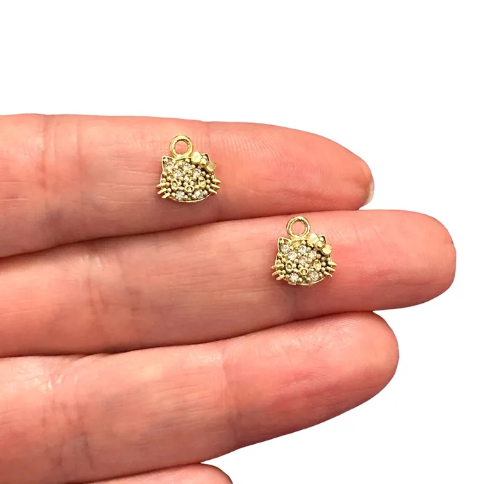 Peppy Beads Earrings 24Kt Gold Plated CZ Micro Pave Cat Charms 2 pcs in a pack