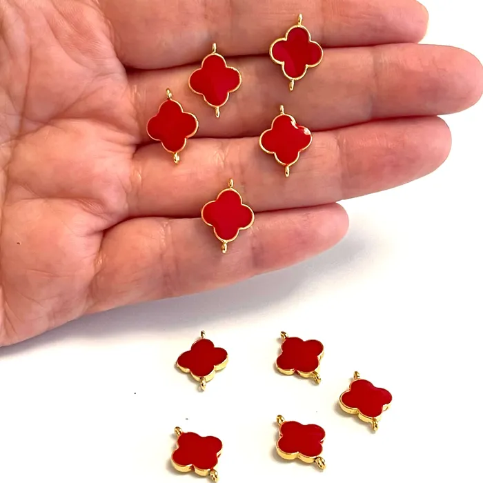 Peppy Beads Earrings 24Kt Gold Plated Red Enamelled Clover Connector Double Loop Charms 5 pcs in a Pack