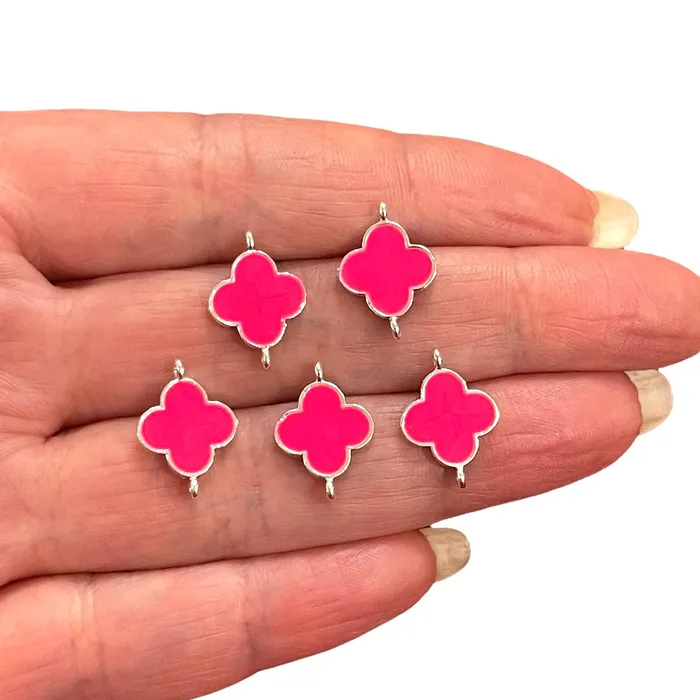 Peppy Beads Earrings Silver Plated Neon Pink Enamelled Clover Connector Charms 5 pcs in a pack Peppy Beads Earrings Silver Plated Neon Pink Enamelled Clover Connector Charms 5 pcs in a pack