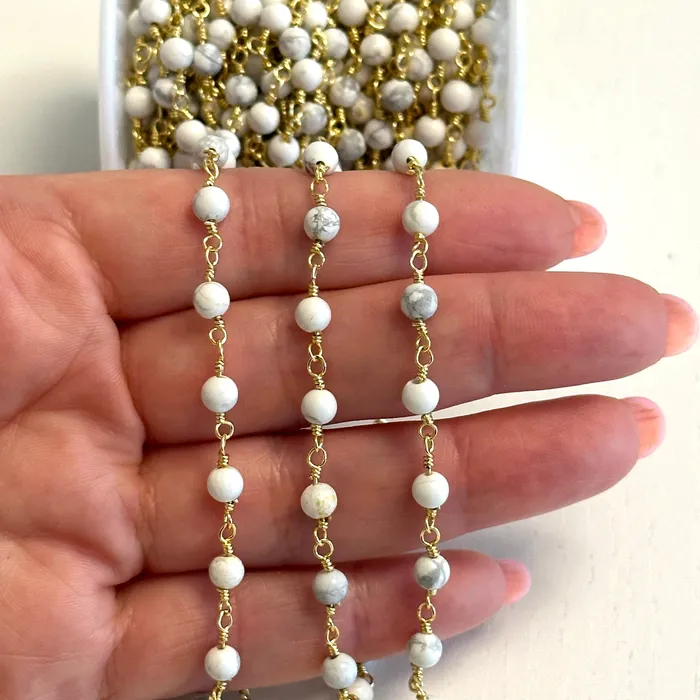 Peppy Beads Necklaces Howlite Rosary Chain 24Kt Gold Plated Gemstone Chain