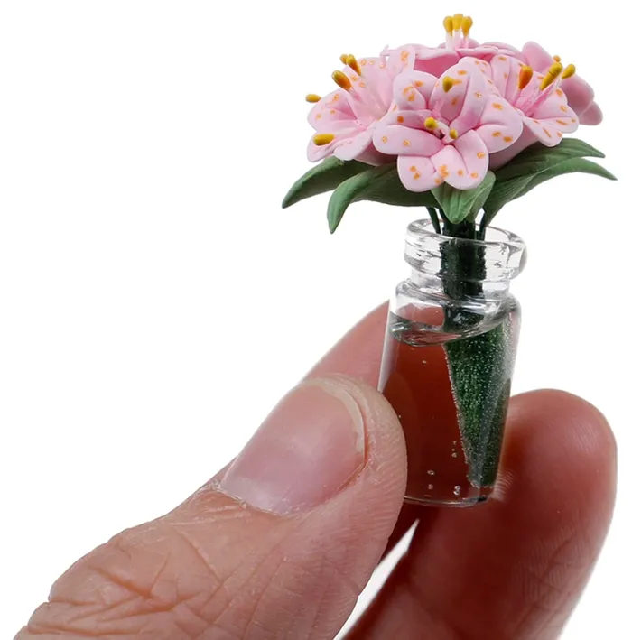 Portraits by NC Earrings Pink Lilies in Glass Vase 1 12 Scale Dollhouse Plants