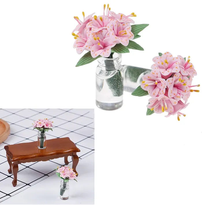 Portraits by NC Earrings Pink Lilies in Glass Vase 1 12 Scale Dollhouse Plants