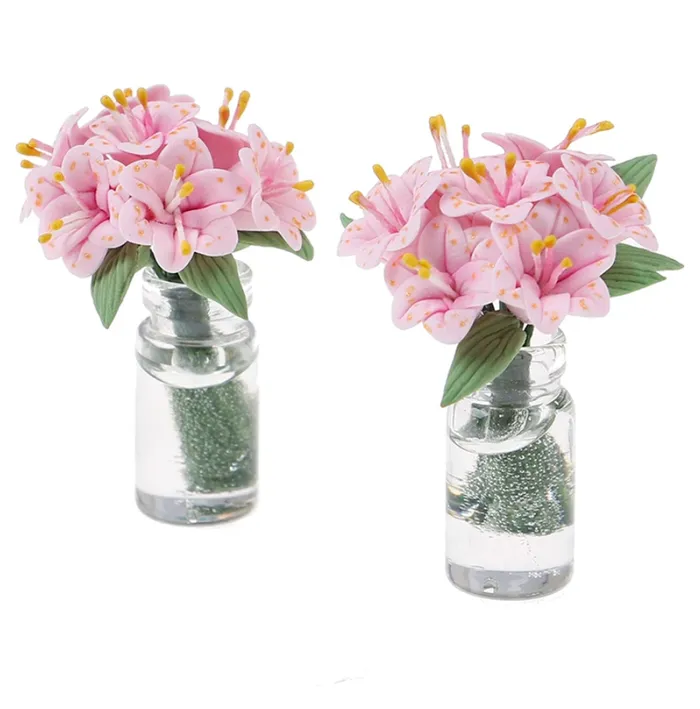 Portraits by NC Earrings Pink Lilies in Glass Vase 1 12 Scale Dollhouse Plants