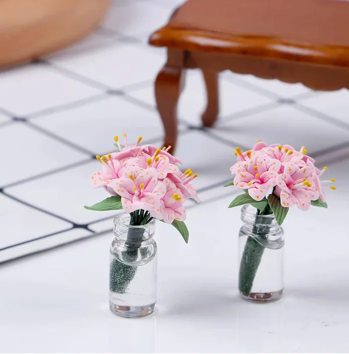 Portraits by NC Earrings Pink Lilies in Glass Vase 1 12 Scale Dollhouse Plants