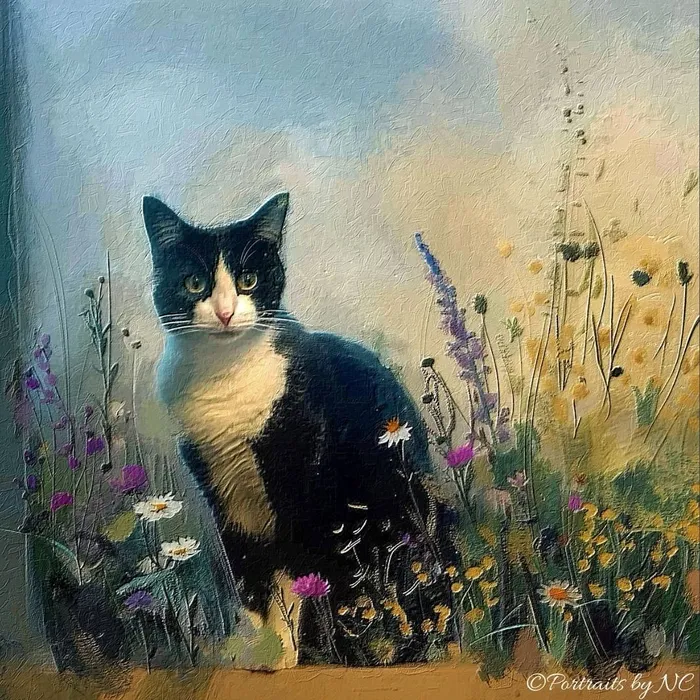 Portraits by NC Necklaces Feline Serenity Among Wildflowers Cat Portrait Tuxedo Cat Portraits by NC Necklaces Feline Serenity Among Wildflowers Cat Portrait Tuxedo Cat