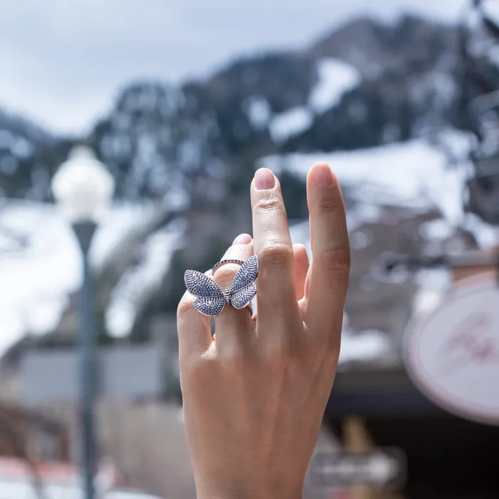 RACHEL LYNN CHICAGO Rings White Rhodium Silver and Blue Sapphire Fluttering Butterfly Ring