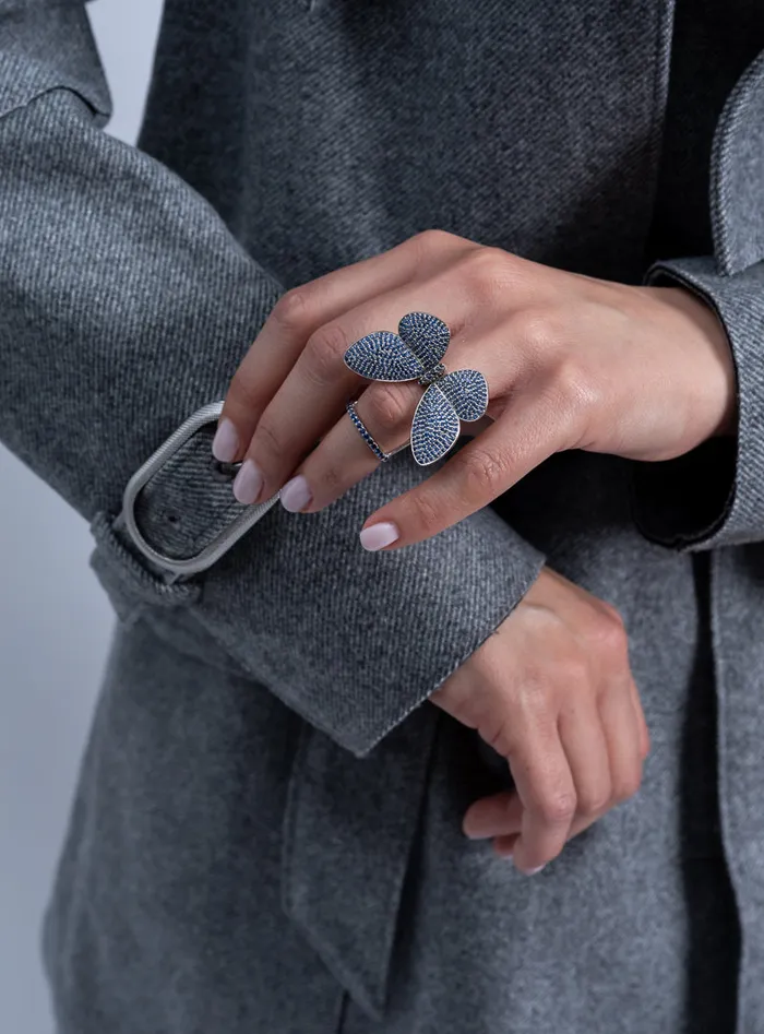 RACHEL LYNN CHICAGO Rings White Rhodium Silver and Blue Sapphire Fluttering Butterfly Ring