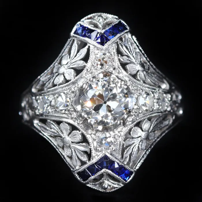 Rings Antique Parlour Art Deco GIA 073 Carat Old European Cut Diamond and Sapphire Ring