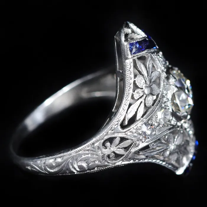 Rings Antique Parlour Art Deco GIA 073 Carat Old European Cut Diamond and Sapphire Ring