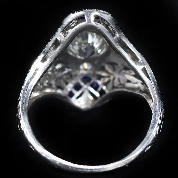 Rings Antique Parlour Art Deco GIA 073 Carat Old European Cut Diamond and Sapphire Ring