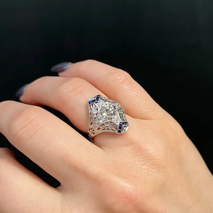 Rings Antique Parlour Art Deco GIA 073 Carat Old European Cut Diamond and Sapphire Ring