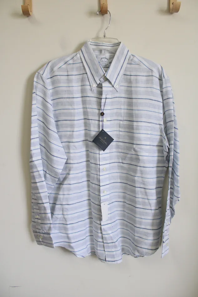 Rings Brooks Brothers NEW Brooks Brothers Regent Blue White Striped Linen Button Down Shirt L