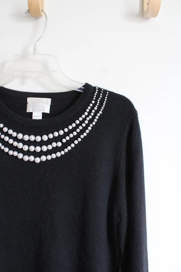 Rings Christopher Banks Black Pearl Trimmed Silk Blend Sweater L Christopher Banks