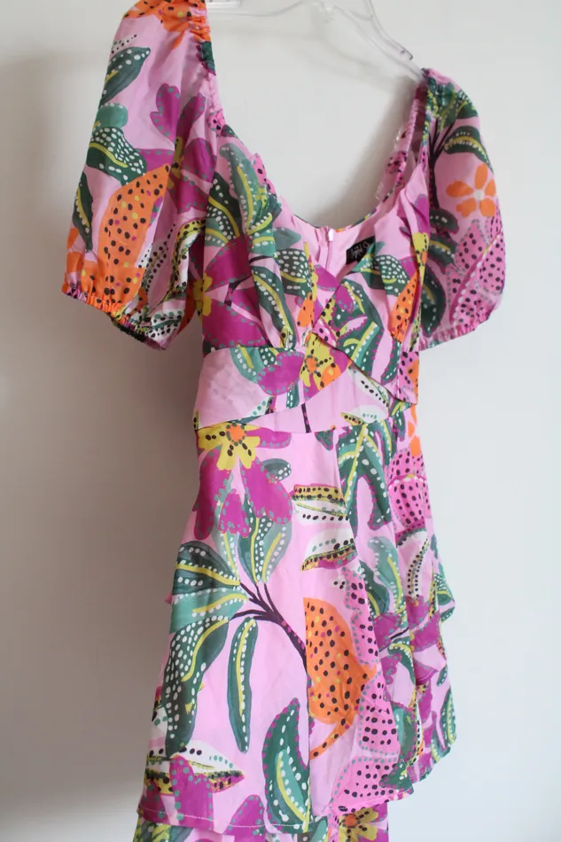 Rings Crystal Sky Crystal Sky Pink Patterned Floral Tiered Puff Sleeve Dress M
