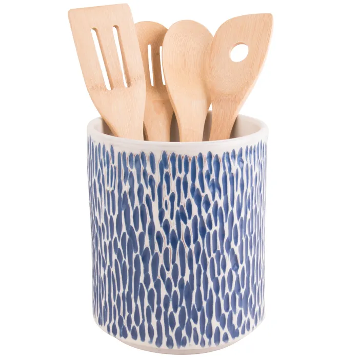 Rings HOMEESSENTIALS Blue Carved Scale Ceramic Utensil Crock 7Inch