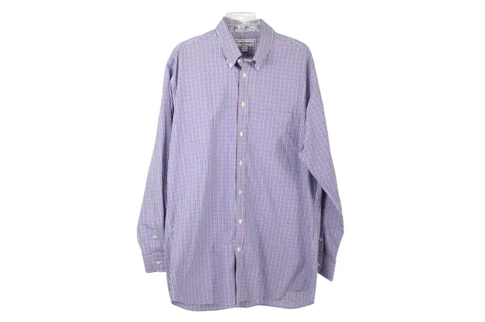 Rings Paul Fredrick Paul Fredrick TwoPly Cotton Pinpoint Blue Red Plaid Trim Fit Shirt 17 12 35