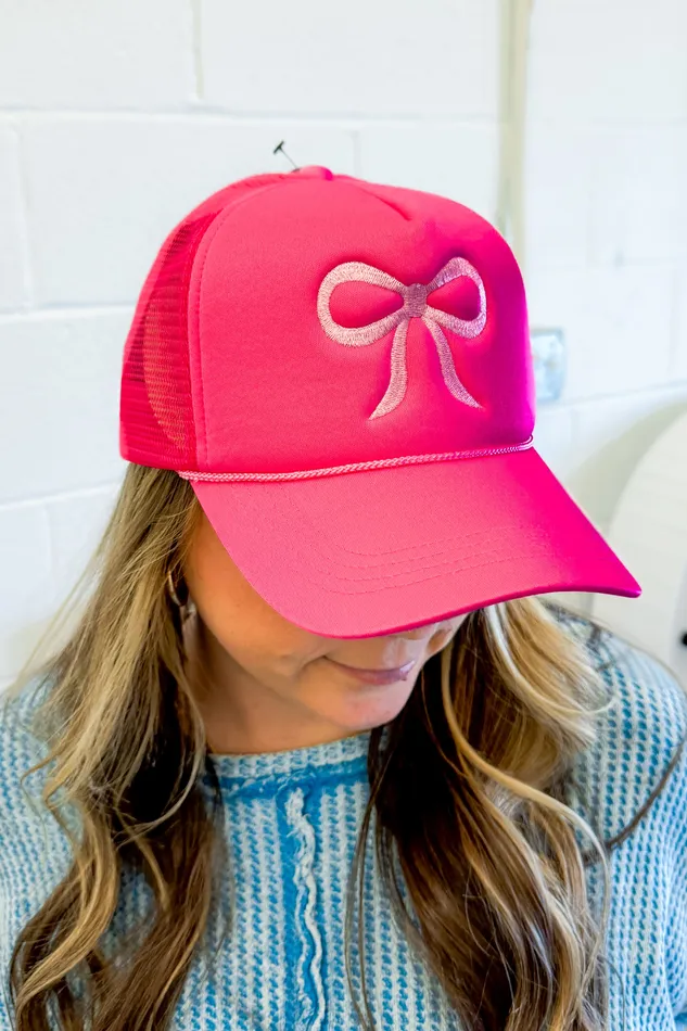 Rings SALE Embroidered Bow Trucker Baseball Cap Fuchsia Judson