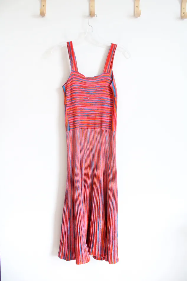 Scoop Orange Red Blue Striped Pleated Knit Dress XS Scoop Rings