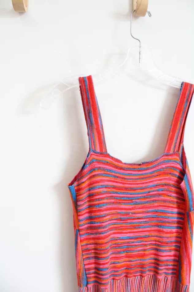 Scoop Orange Red Blue Striped Pleated Knit Dress XS Scoop Rings