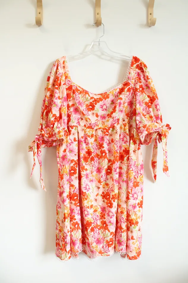 Shein Curve Pink Orange Floral Tied Sleeve Dress 2XL Shein Rings