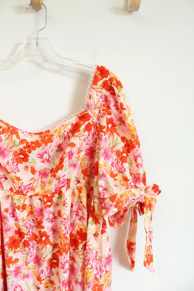 Shein Curve Pink Orange Floral Tied Sleeve Dress 2XL Shein Rings
