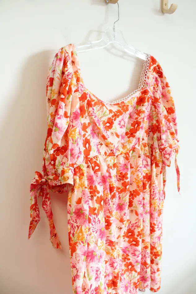 Shein Curve Pink Orange Floral Tied Sleeve Dress 2XL Shein Rings