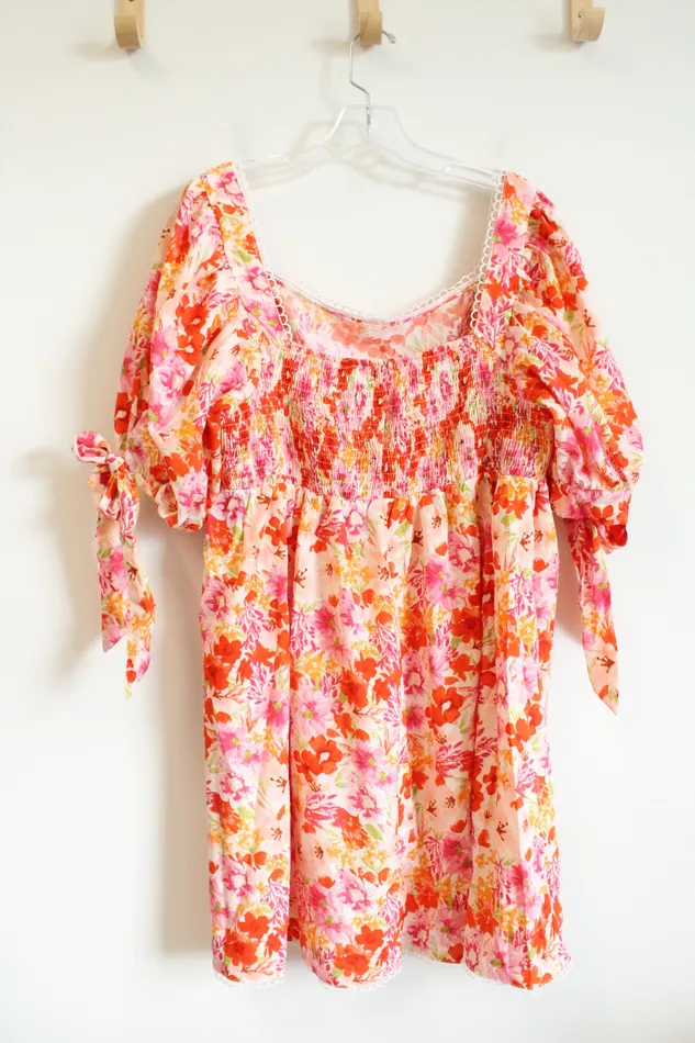 Shein Curve Pink Orange Floral Tied Sleeve Dress 2XL Shein Rings
