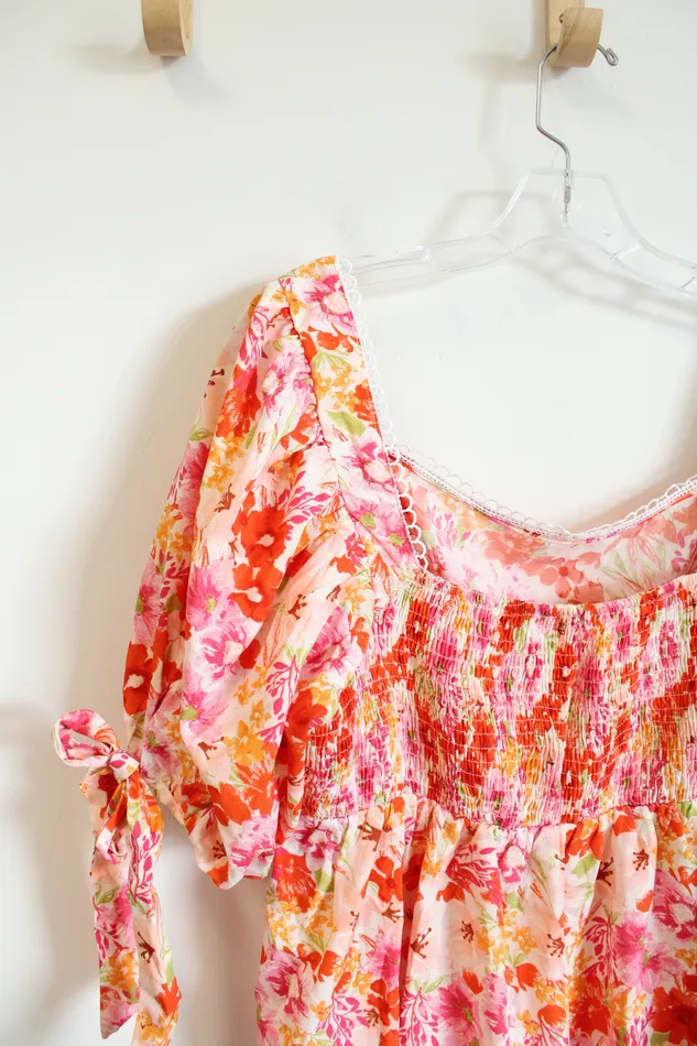 Shein Curve Pink Orange Floral Tied Sleeve Dress 2XL Shein Rings