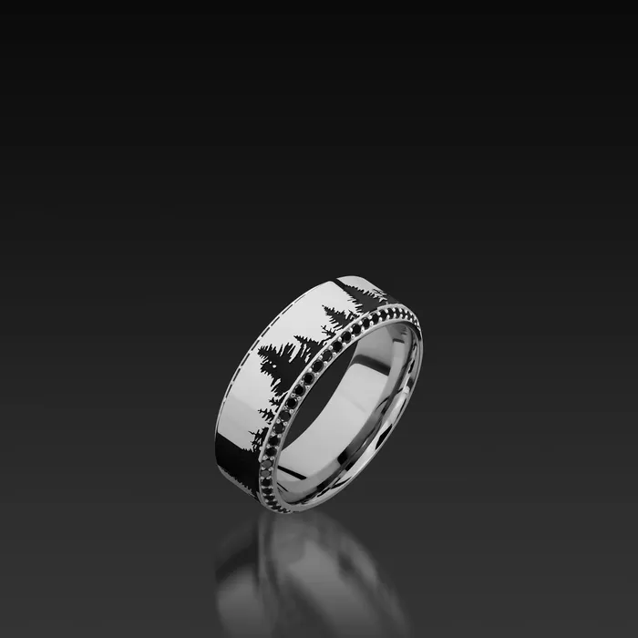 Shop John Atencio Rings White Gold Wide High Bevel Band with laser carved Trees Pattern Shop John Atencio Rings White Gold Wide High Bevel Band with laser carved Trees Pattern