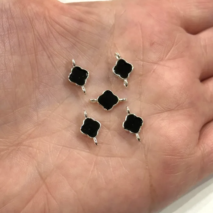 Silver Plated Black Enamelled Clover Connector Charms Peppy Beads Rings