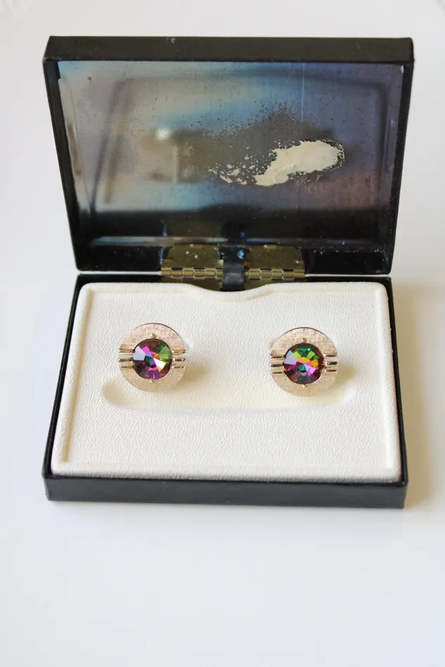 Swank Rivoli Silver Tone Multicolored Stone Cuff Links Jubilee Thrift Earrings