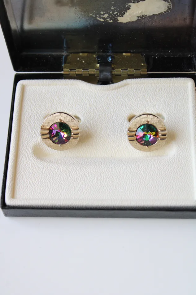 Swank Rivoli Silver Tone Multicolored Stone Cuff Links Jubilee Thrift Earrings