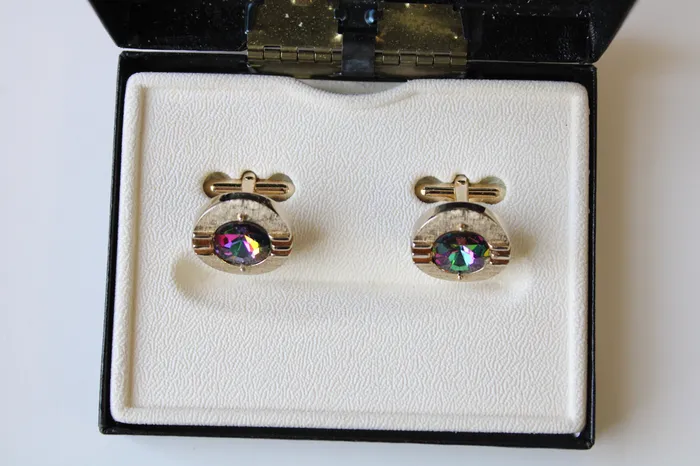 Swank Rivoli Silver Tone Multicolored Stone Cuff Links Jubilee Thrift Earrings