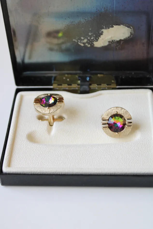 Swank Rivoli Silver Tone Multicolored Stone Cuff Links Jubilee Thrift Earrings