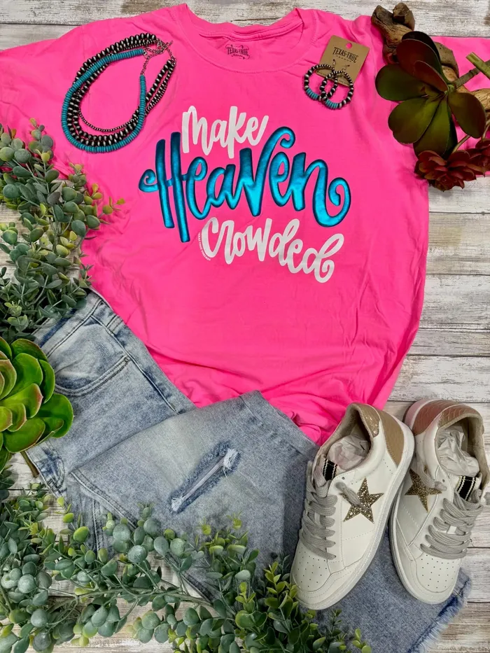 TEXAS TRUE THREADS Necklaces MAKE HEAVEN CROWDED WITH METALLIC PUFF TEE NEON PINK