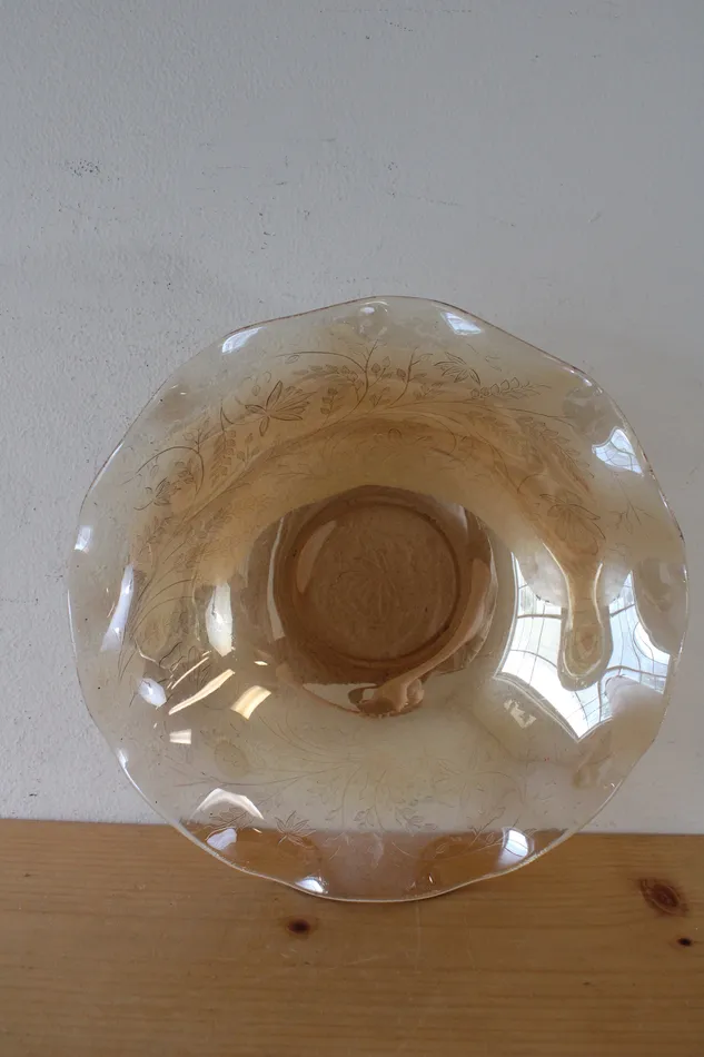 Vintage Iridescent Gold Ruffled Edge Floral Etched Bowl Jubilee Thrift Earrings