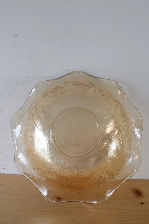Vintage Iridescent Gold Ruffled Edge Floral Etched Bowl Jubilee Thrift Earrings