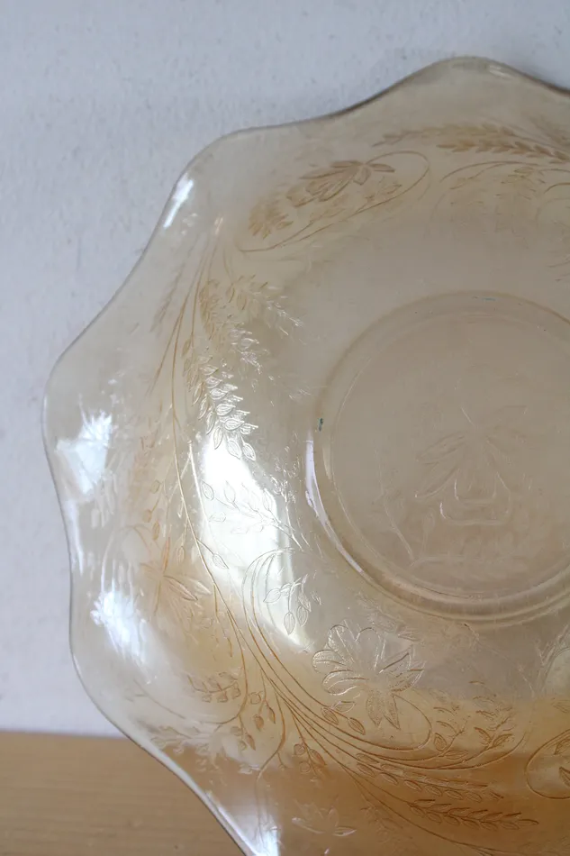 Vintage Iridescent Gold Ruffled Edge Floral Etched Bowl Jubilee Thrift Earrings