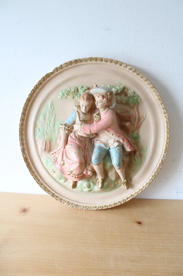 Vintage Victorian Couple Sculpture Chalkware Plaster Wall Plaque Jubilee Thrift Earrings