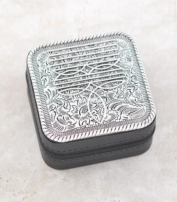 Western Boot Stitch Mini Jewelry Case SILVER BLACK YKT Rings