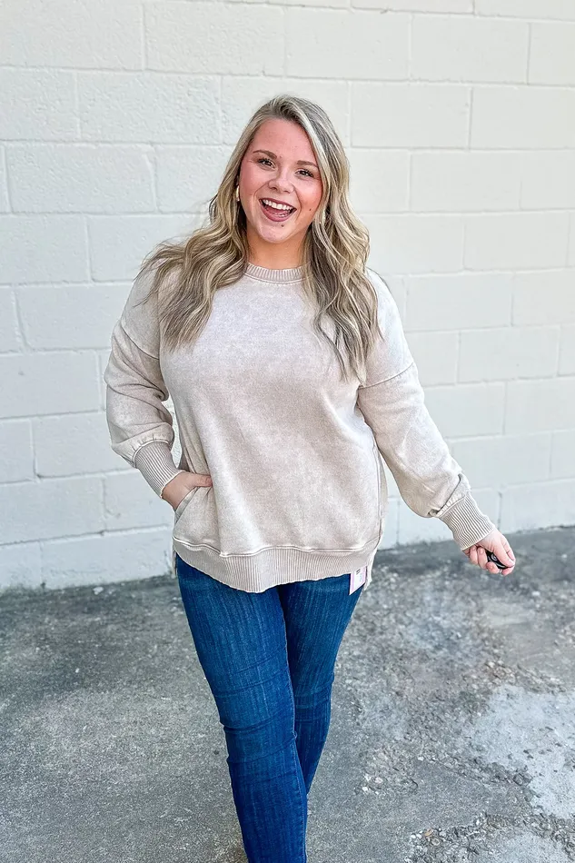 Zenana Earrings A Cozy Place Pullover Crewneck Top Ash Mocha