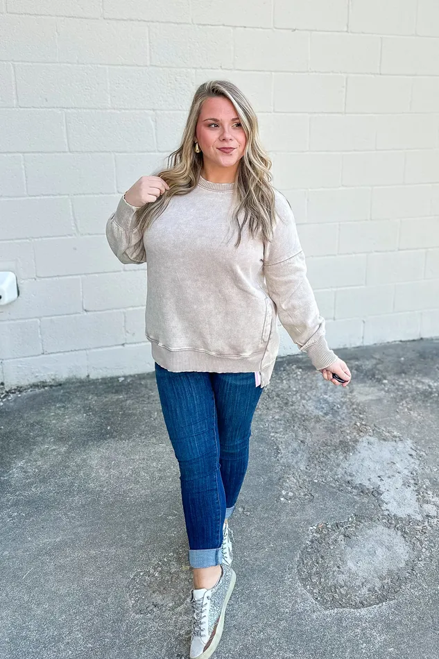 Zenana Earrings A Cozy Place Pullover Crewneck Top Ash Mocha