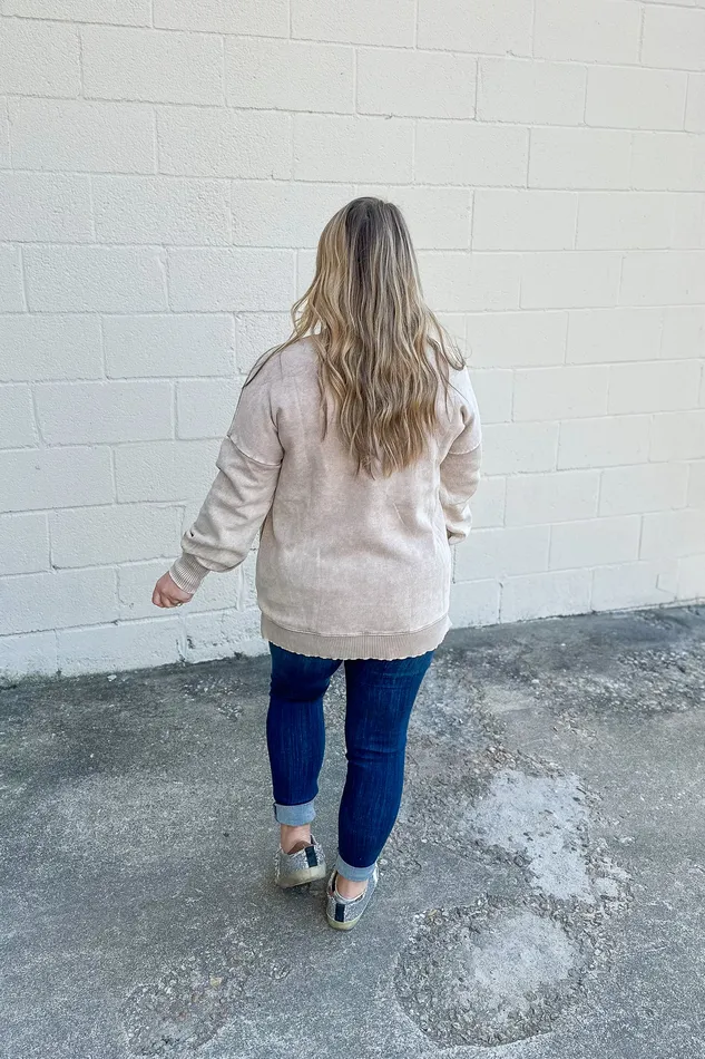 Zenana Earrings A Cozy Place Pullover Crewneck Top Ash Mocha