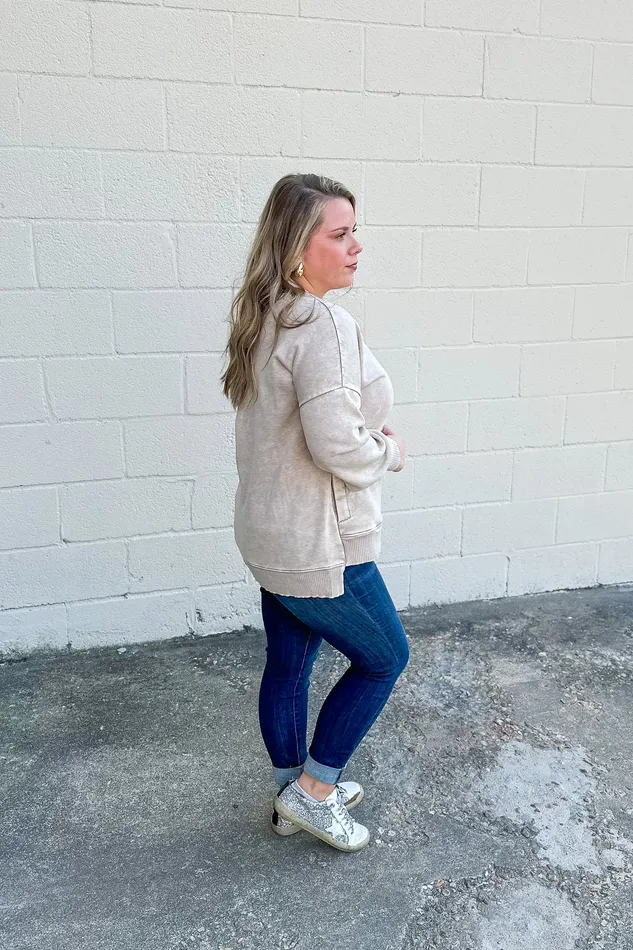Zenana Earrings A Cozy Place Pullover Crewneck Top Ash Mocha