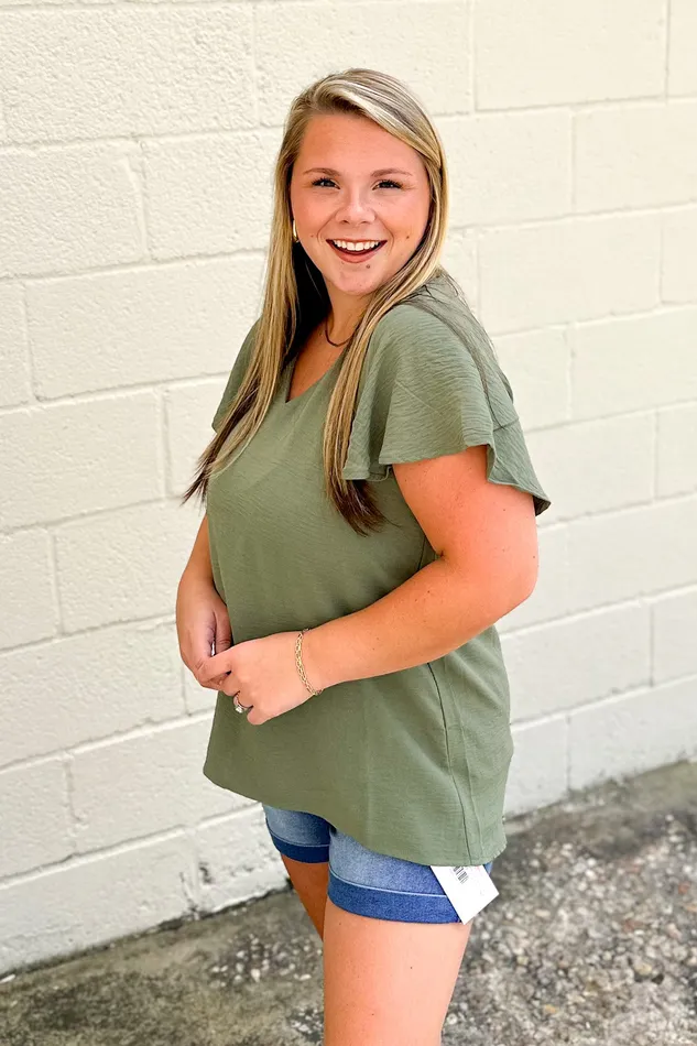 Zenana Earrings In Your Dreams Flutter Sleeve Top Light Olive