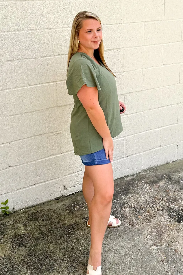 Zenana Earrings In Your Dreams Flutter Sleeve Top Light Olive