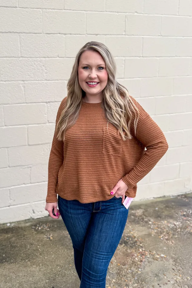 Zenana Earrings No Rules Here Waffle Knit Top Deep Camel