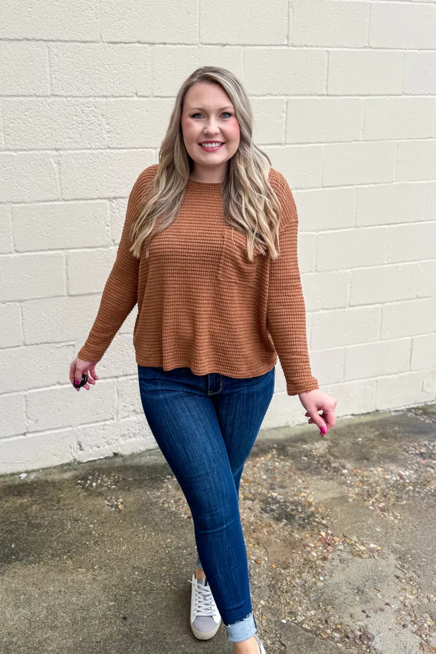 Zenana Earrings No Rules Here Waffle Knit Top Deep Camel
