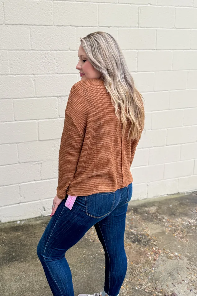 Zenana Earrings No Rules Here Waffle Knit Top Deep Camel